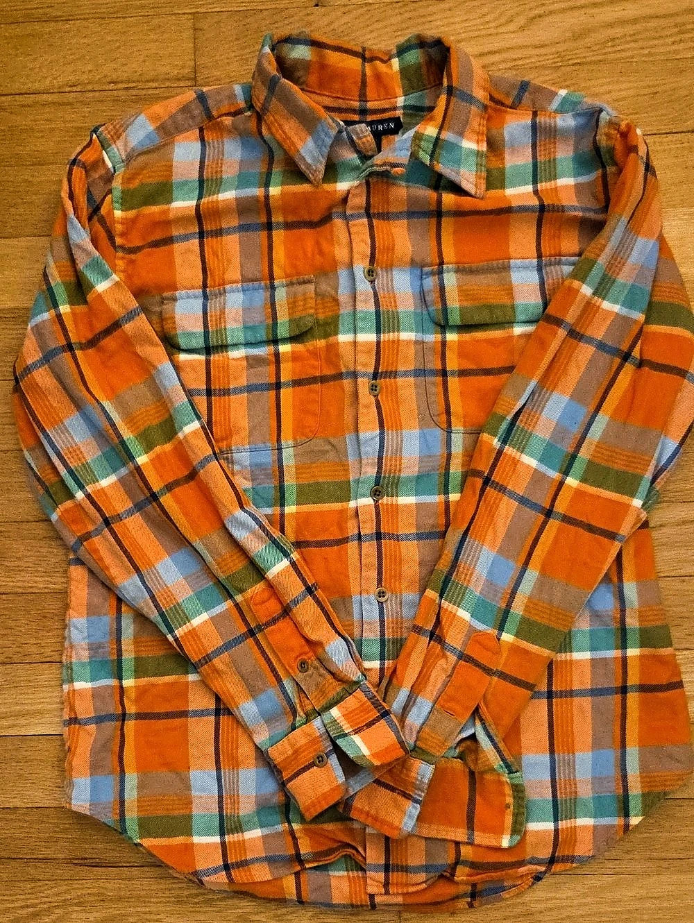 Ralph Lauren Blue Label Womens 10 Orange Plaid Cotton Flannel Shirt Dual Pocket